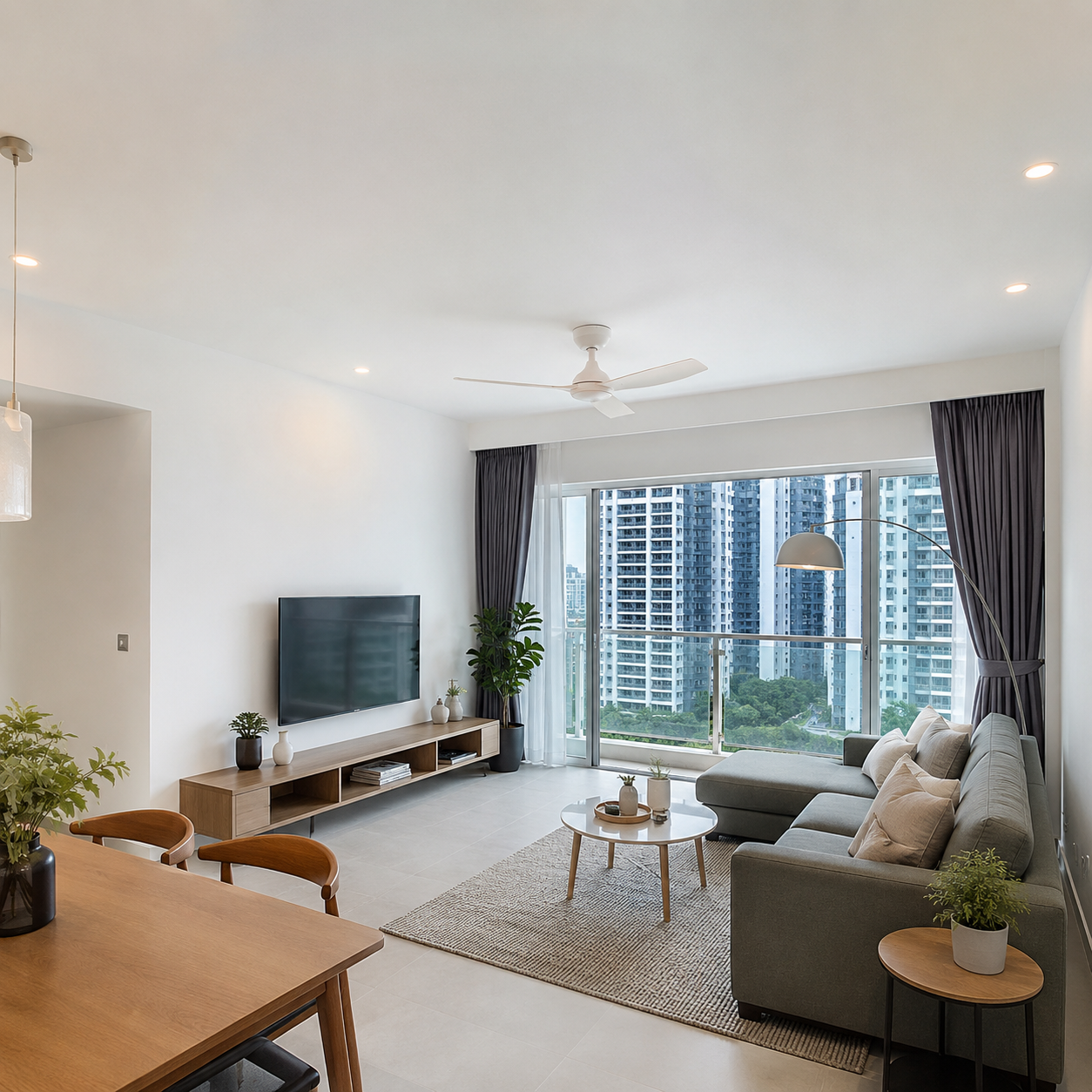 Bright modern Singapore apartment with smooth cleaned white walls and ceiling after plastering and repair work.
