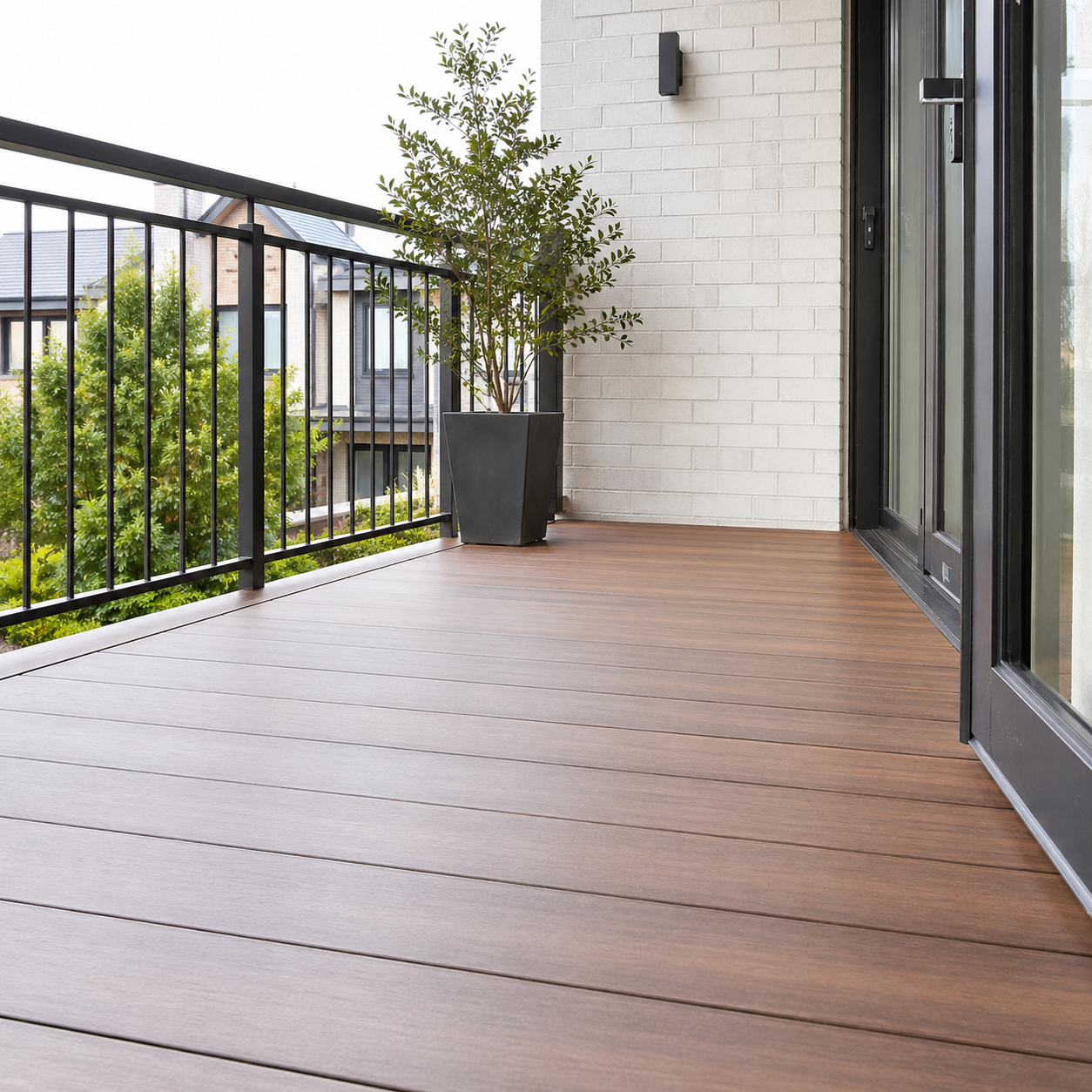 Clean modern home balcony with smooth wooden floorboards, black railing, glass doors, and a potted plant.