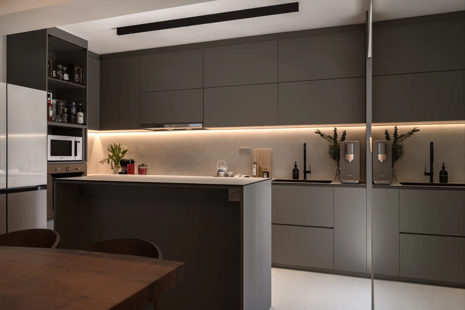 a grey minimalist kitchen