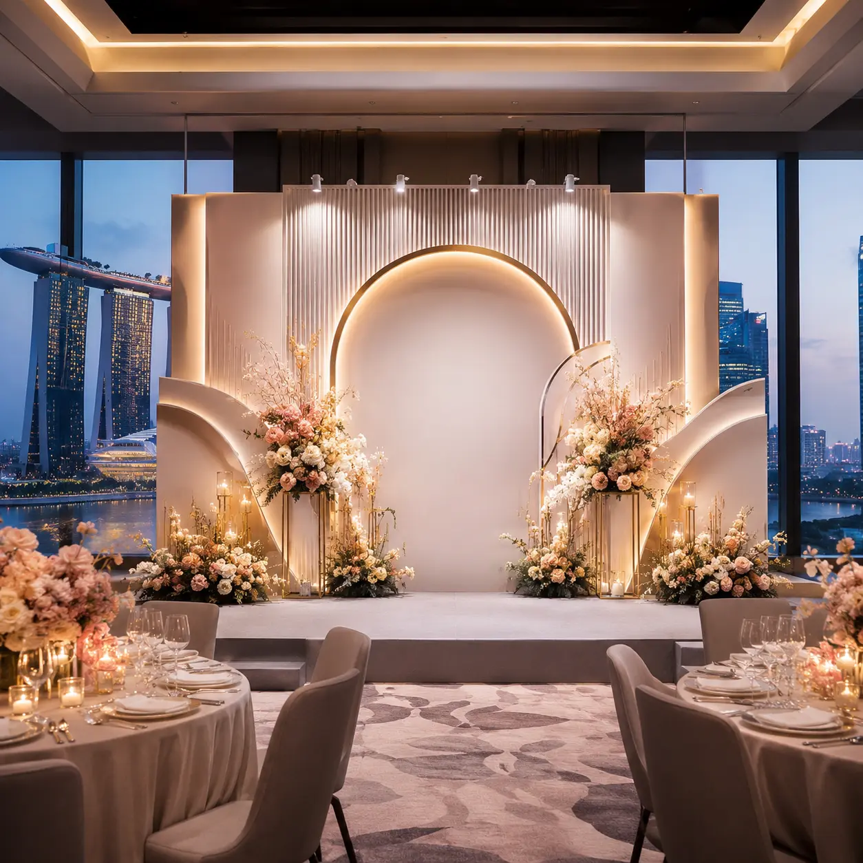 Elegant event backdrop with floral decorations and warm lighting in a modern Singapore venue overlooking the city skyline.