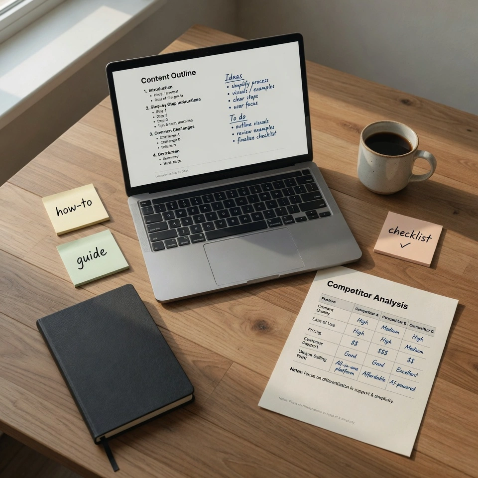 Overhead view of a wooden desk with laptop, sticky notes, notebook and coffee mug used for planning evergreen content topics and outlines
