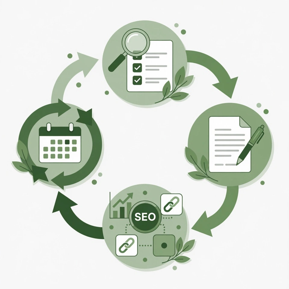 Circular diagram showing the four stages of creating evergreen content: research, write, optimise and maintain