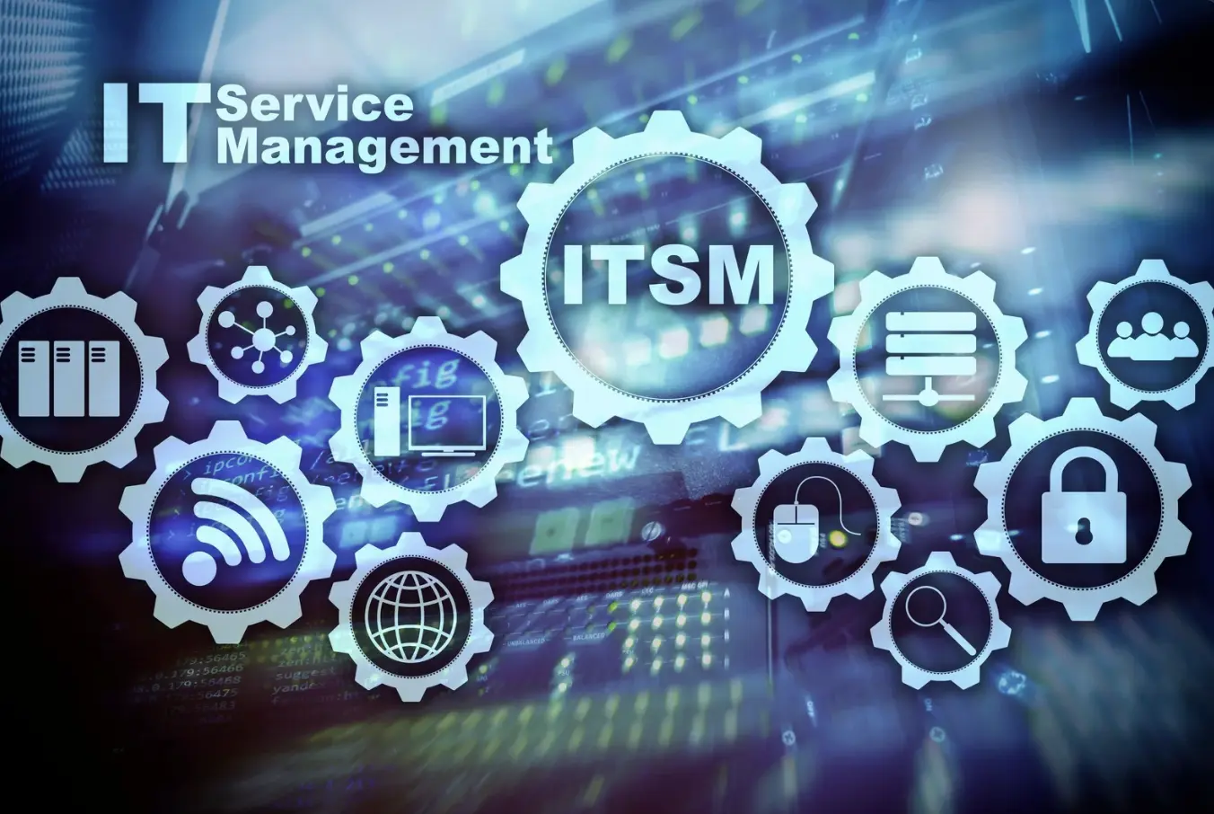 ITSM gear graphic with connected icons for servers, networks, security, users and systems against a digital data centre background