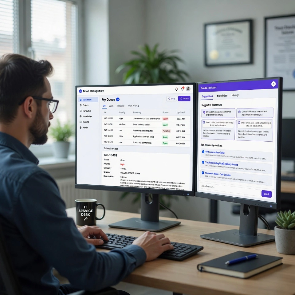 IT support agent reviewing tickets on dual monitors with a Gen AI assistant suggesting responses and knowledge base articles
