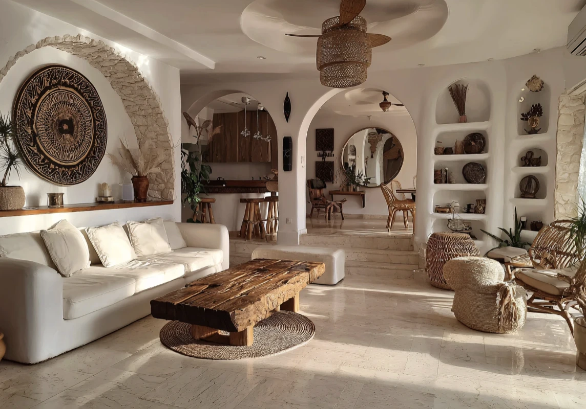 Spacious white living room featuring a large sofa, rustic wooden coffee table, rattan chairs, arched niches and natural light for a calm, elevated home interior