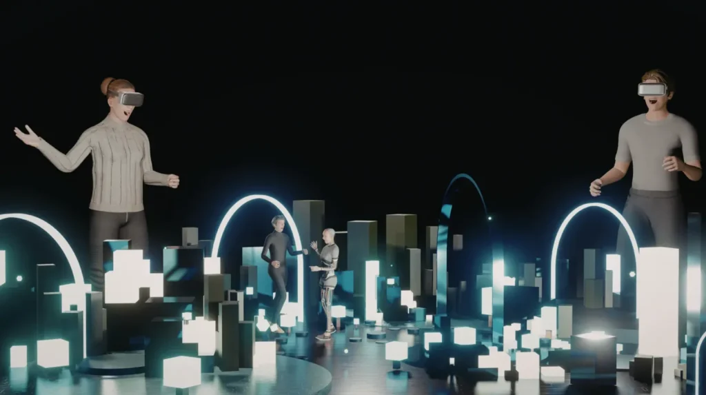 Users wearing VR headsets interacting in a glowing digital cityscape with geometric structures and a humanoid figure, representing immersive technologies