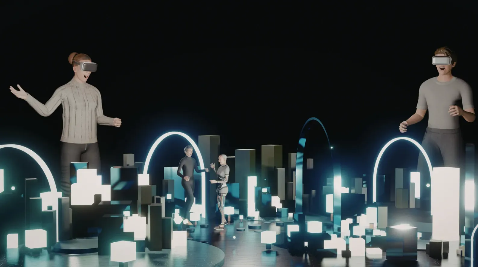 Users wearing VR headsets interacting in a glowing digital cityscape with geometric structures and a humanoid figure, representing immersive technologies