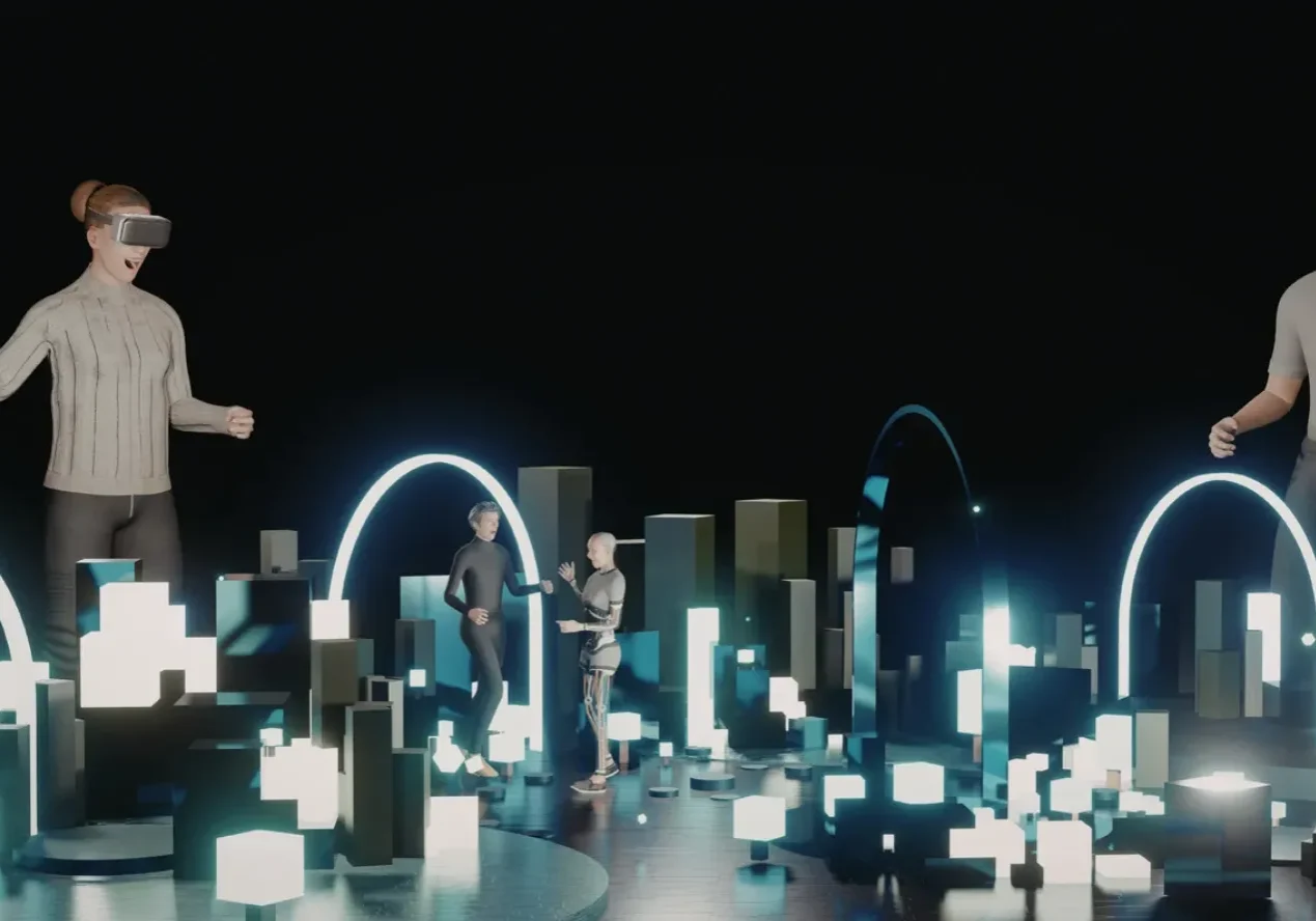 Users wearing VR headsets interacting in a glowing digital cityscape with geometric structures and a humanoid figure, representing immersive technologies