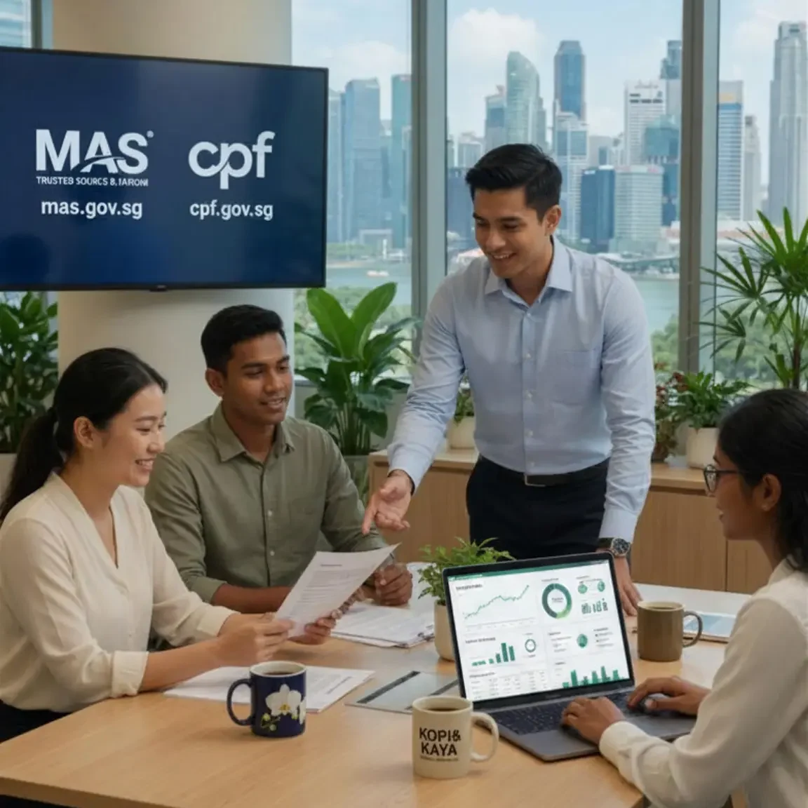 MarketSmiths editorial team reviewing content for accuracy and usefulness in a bright Singapore office with city skyline view, ensuring practical and reliable information for readers.