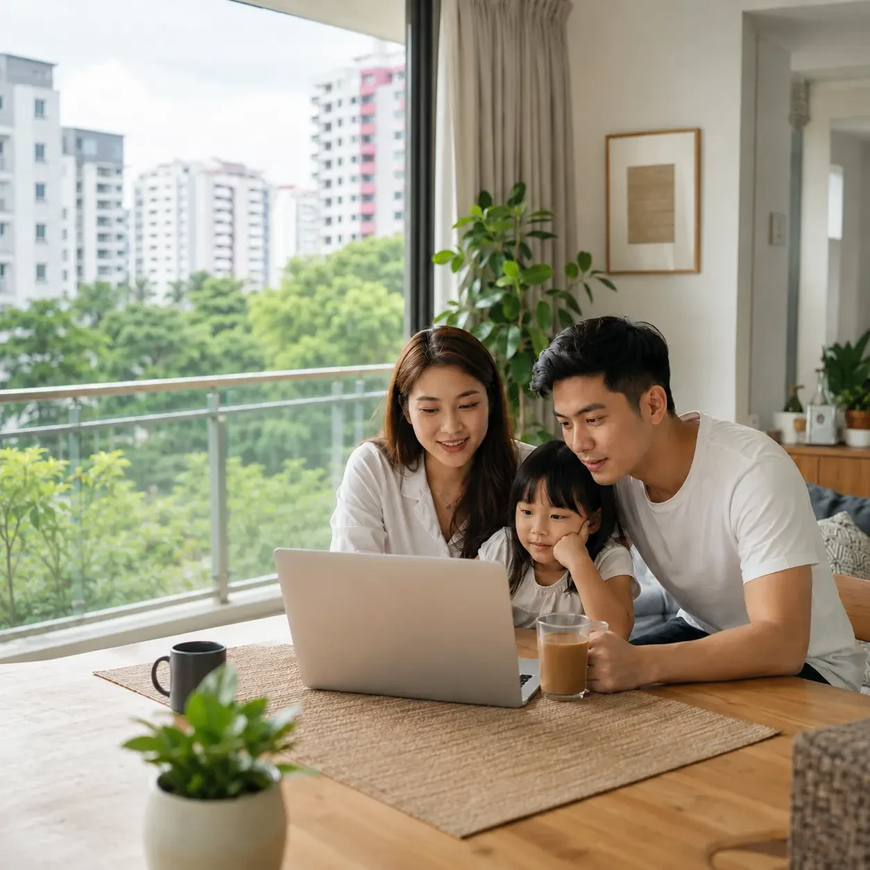 A Singaporean family browsing Marketsmiths on their laptop in a typical Singaporean home and urban setting