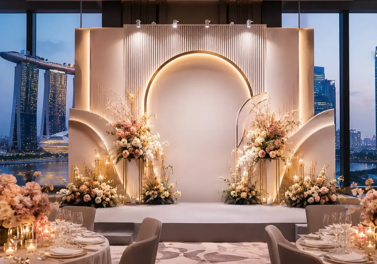 Elegant event backdrop with floral decorations and warm lighting in a modern Singapore venue overlooking the city skyline.