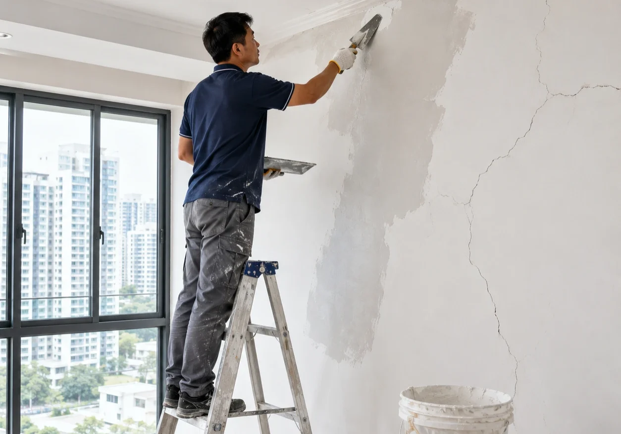 A handyman plastering walls in a Singaporean home