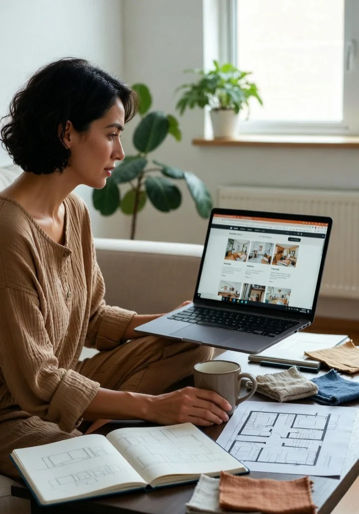 A woman in a typical Singaporean home browsing through the marketsmiths.co website