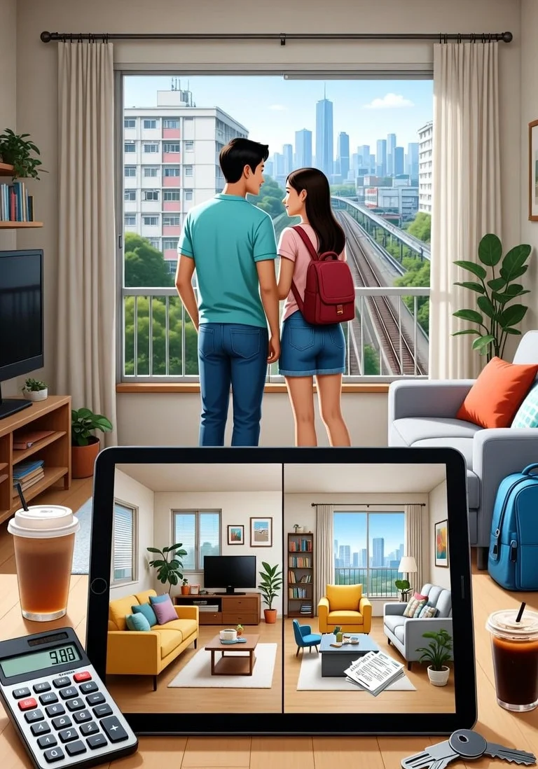 Young Singaporean couple comparing renovation plans in a typical HDB flat, highlighting practical local considerations like space constraints, CPF costs, and everyday Singapore living.